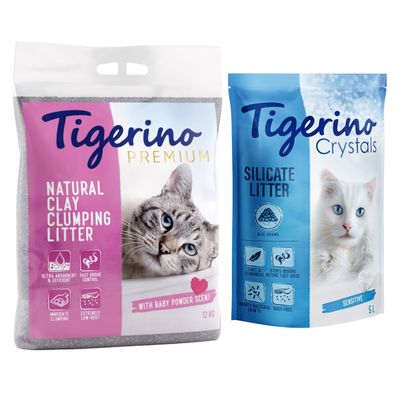 Tigerino Katzenstreu Kombi-Paket: Crystals bunt parfümfrei + Premium Babypuderduft blau (3 x 5 l) + Babypuderduft (12 kg)
