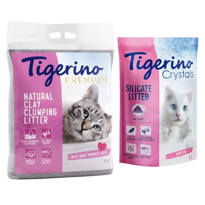 Tigerino Katzenstreu Kombi-Paket: Crystals bunt parfümfrei + Premium Babypuderduft - pink (3 x 5 l) + Babypuderduft (12 kg)