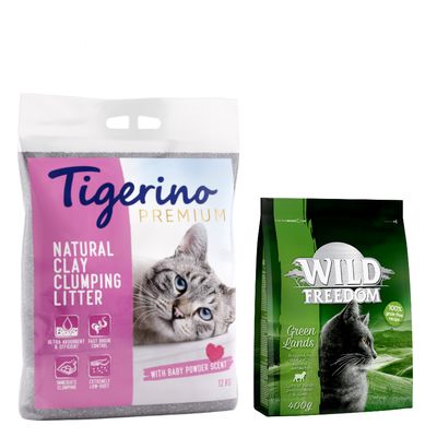Lot découverte : 2 x 12 kg Litière Tigerino Premium senteur talc + 400 g Croquettes Wild Freedom Green Lands