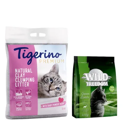 Lot découverte : 2 x 12 kg Litière Tigerino Premium senteur talc + 400 g Croquettes Wild Freedom - Green Lands Lot découverte : 2 x 12 kg Litière Tigerino Premium senteur talc + 400 g Croquettes Wild Freedom - Green Lands