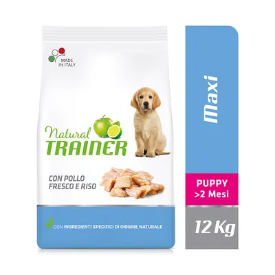 Natural Trainer dog food, Maxi Puppy over 2 months, 12 kg. Made in Italy. Con pollo fresco e riso. With apple and lime images. Blue label: con ingredienti specifici di origine naturale.