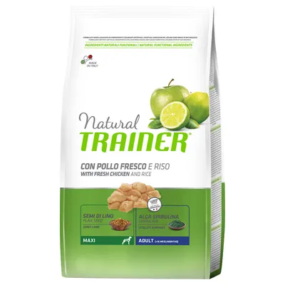 Natural Trainer koiranruoka, con pollo fresco e riso, sisältää tuoretta kanaa ja riisiä. Maxi, adult (yli 16 kk). Näkyvissä pellavansiemen, spirulina, valmistettu Italiassa.
