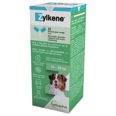 Zylkene, 30 capsules for medium-sized dogs (10-30 kg). Helps dogs relax in difficult situations such as loud noises, travel or vet visits. Brand: Vetoquinol.