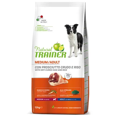 Natural Trainer Medium/Adult hundefoder med rå skinke og ris, Made in Italy, uden farvestoffer, konserveringsmidler eller tilsat sukker. Til hunde 11-30 kg, fra 12 måneder.