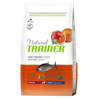 Natural Trainer con tonno e riso, cicoria per funzionalità intestinale, alga spirulina per vitalità, medium adult 1–12 mesi, made in Italy, carne fresca di alta qualità.