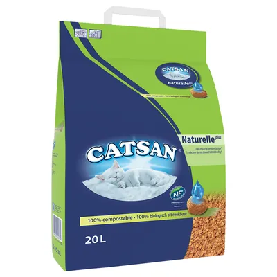 Catsan Naturelle Plus kissanhiekka, 100 % kompostoituva, 20 l. NF-sertifikaatti biohajoavuudesta. Pakkauksessa nukkuva kissa ja hiekkaa.