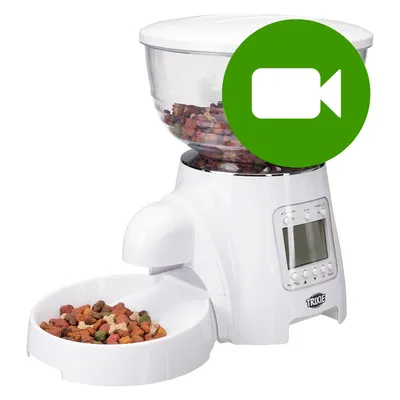 Przycisk odtwarzania filmu wideo. Kliknij tutaj, aby obejrzeć prezentację automatycznego podajnika karmy Trixie z wyświetlaczem i miską.