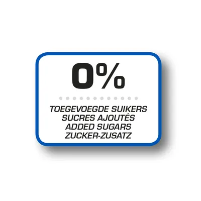 0 % sucres ajoutés. Texte aussi en néerlandais, anglais et allemand : toegevoegde suikers, added sugars, zucker-zusatz.