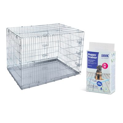 Cage en métal pour chien et paquet de Puppy Trainer, avec pastille rouge indiquant 'Prix mini'.