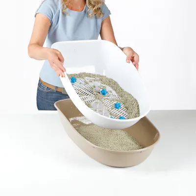 Mujer muestra el uso de un arenero para gatos con sistema de tamiz para separar la arena. El recipiente superior se inclina, la arena limpia queda en el inferior. Mujer muestra el uso de un arenero para gatos con sistema de tamiz para separar la arena. El recipiente superior se inclina, la arena limpia queda en el inferior.