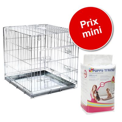Lot : cage de transport Double Door + tapis absorbants Savic Puppy Trainer pour chien cage l 78 x P 118 x H 84 cm + tapis XL, L 90 x l 60 cm, 2 x 30 tapis