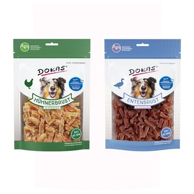 Dokas Hühnerbrust in Stückchen, wiederverschliessbare Verpackung, 100% aus Huhn, geprüft vom SGS Institut Fresenius. Für Hunde geeignet.