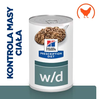 Hill's Prescription Diet w/d, puszka karmy z widoczną zawartością. Tekst: KONTROLA MASY CIAŁA. Symbol kurczaka w pomarańczowym okręgu. Hill's Prescription Diet w/d, puszka karmy z widoczną zawartością. Tekst: KONTROLA MASY CIAŁA. Symbol kurczaka w pomarańczowym okręgu.