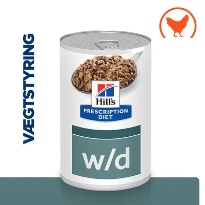 Hill's Prescription Diet w/d dåsefoder, tekst 'VÆGTSTYRING' og kyllingesymbol synligt på emballagen.