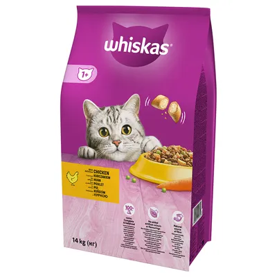 Whiskas suché krmivo pro kočky od 1 roku, příchuť kuře, balení 14 kg. 100% vyvážené, bez umělých barviv, přírodní vláknina.