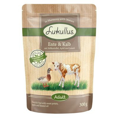 Lukullus Naturkost Adult Getreidefrei Frischebeutel 6 x 300 g Ente & Kalb