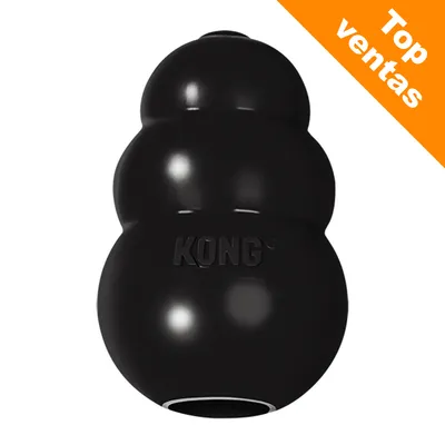 Juguete de goma negra KONG con inscripción 'KONG' visible. Esquina superior derecha: texto 'Top ventas' en fondo naranja.