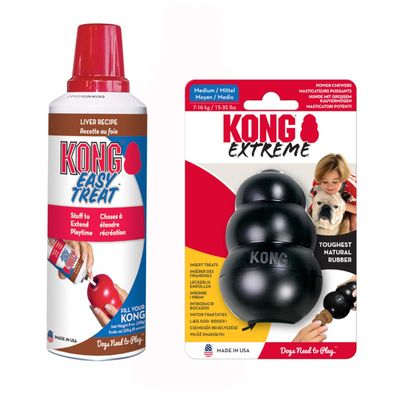 Set addestramento KONG Extreme Nero e KONG Easy Treat Liver - M: 8,5 cm + pasta (2 x 236 g)