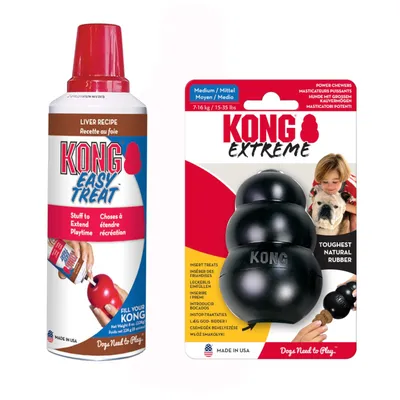 Set addestramento KONG Extreme Nero e KONG Easy Treat Liver - M: 8,5 cm + pasta (2 x 236 g)