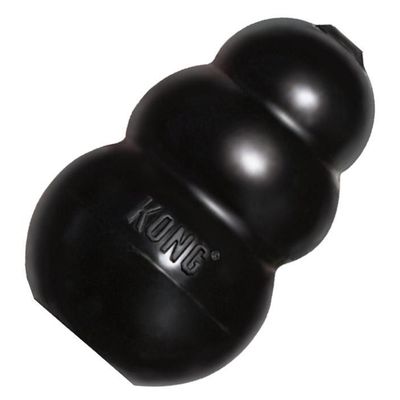 Giocattolo per cani in gomma nera con marchio KONG visibile sulla superficie.