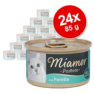 Miamor Pastete mit Forelle -kissan märkäruoka, 24 x 85 g annospurkit. Etiketissä kissan kuva ja teksti NEU: zart.
