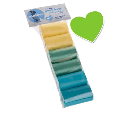 zoolove for dogs poop bags, biologisch abbaubar, 10 % Kolbeutel dreilagig. Pakke med gule, grønne og blå ruller hundeposer i plastemballage.