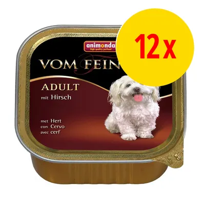 animonda Vom Feinsten ADULT mit Hirsch, met Hert, 12x. Blik hondenvoer met afbeelding van een witte hond op de verpakking. animonda Vom Feinsten ADULT mit Hirsch, met Hert, 12x. Blik hondenvoer met afbeelding van een witte hond op de verpakking.