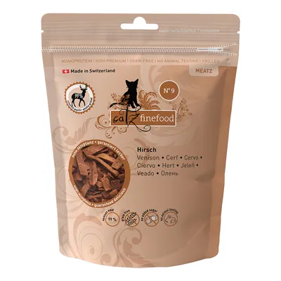Catz Finefood Meatz Nr. 9 hjort, monoprotein, high premium, kornfri, uden dyreforsøg, fremstillet i Schweiz, genlukkelig, 99% kødindhold, uden tilsat sukker.