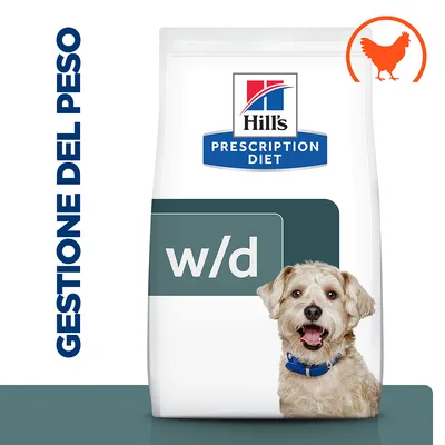Hill's Prescription Diet w/d, gestione del peso, immagine di cane e simbolo pollo visibili sulla confezione. Hill's Prescription Diet w/d, gestione del peso, immagine di cane e simbolo pollo visibili sulla confezione.