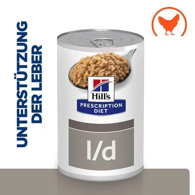 Boîte Hill's Prescription Diet l/d, texte allemand «UNTERSTÜTZUNG DER LEBER», image d'une cuillère de pâtée et pictogramme poulet orange. Texte en allemand non traduit.