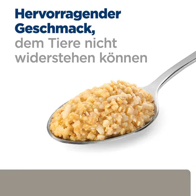 Texte en allemand : Hervorragender Geschmack, dem Tiere nicht widerstehen können. Cuillère contenant de la pâtée pour animaux.