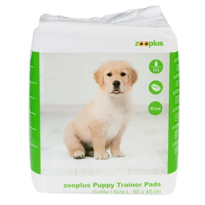 zooplus Puppy Trainer Pads, storlek L: 60 x 45 cm, 30 stycken. Förpackning med gröna symboler för absorberande, luktfri och mjuk.