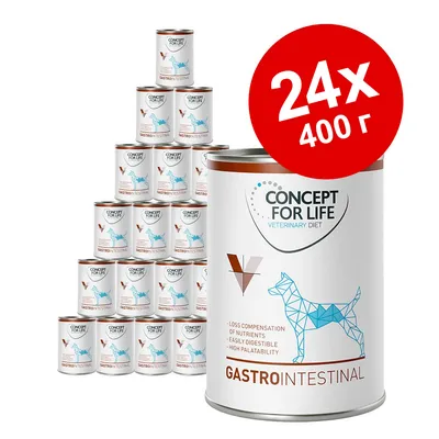 24 банки по 400 г Concept for Life Veterinary Diet Gastrointestinal. На банке изображён контур собаки и текст: Loss compensation of nutrients, Easily digestible, High palatability.