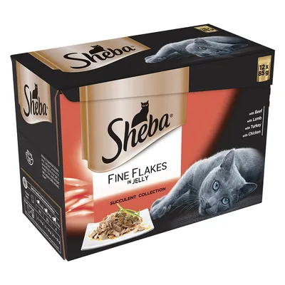 Опаковка Sheba Fine Flakes in Jelly Succulent Collection, 12 x 85 г. Видими текстове: with Beef, with Lamb, with Turkey, with Chicken. Снимка на котка и порция храна.