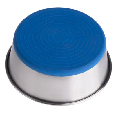 Ciotola in acciaio inox con fondo in gomma blu antiscivolo, adatta per cibo o acqua per pet.