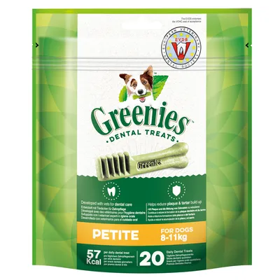 Greenies Dental Treats Petite für Hunde 8-11kg, 57 kcal pro Snack, Packung mit 20 Stück. Entwickelt mit Tierärzten zur Zahnpflege, hilft Plaque und Zahnsteinbildung zu reduzieren.