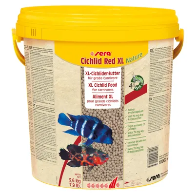 Sera Cichlid Red XL Nature, XL-cichlidefoder til store kødædere, 3,6 kg. Indeholder 4% krill, højt proteinindhold med 75 mg/kg astaxanthin.