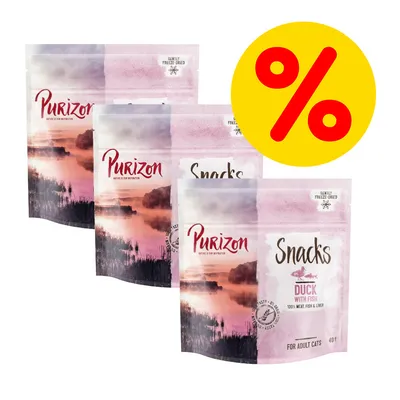 Purizon Snacks Duck with Fish, gefriergetrocknet, 100% Fleisch, Fisch und Leber, für ausgewachsene Katzen, 40g. Rabatt-Symbol in Gelb mit rotem Prozentzeichen.