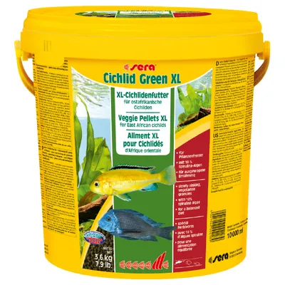 Sera Cichlid Green XL, alimento en pellets vegetales para cíclidos africanos. Envase de 3,6 kg (7,9 lb), 10 000 ml. Texto visible en alemán, inglés y francés.