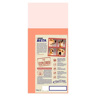 Product information panel showing BETA, The Explorer, naturally tailored nutrition, icons for key features, and images of a dog. Text highlights ingredients and nutritional benefits.