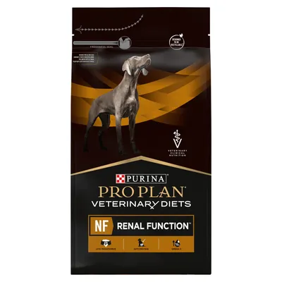 Veterinary diet food labelled NF Renal Function, with icons for low phosphorus, opti protein and omega 3. Designed to be recyclable. Freshness seal shown at top.