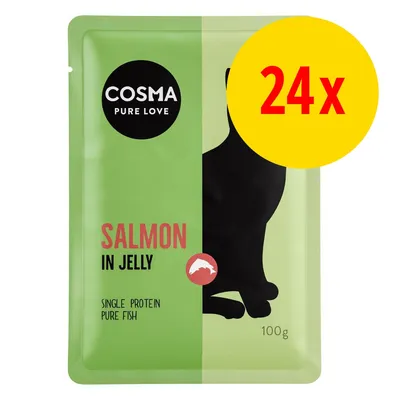 Cosma Pure Love, Salmon in Jelly, Single Protein Pure Fish, 100 g. Lot de 24 sachets visibles sur l’emballage.