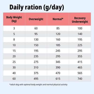 Tabla de alimentación: Ración diaria en g por día según el peso corporal para sobrepeso, peso normal y recuperación/bajo peso de 3 a 60 kg.