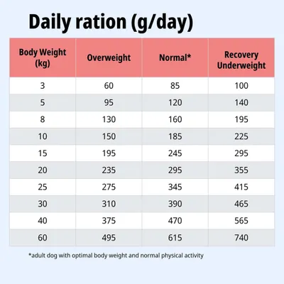 Tabla de alimentación: Ración diaria en g por día según el peso corporal para sobrepeso, peso normal y recuperación/bajo peso de 3 a 60 kg. Tabla de alimentación: Ración diaria en g por día según el peso corporal para sobrepeso, peso normal y recuperación/bajo peso de 3 a 60 kg.