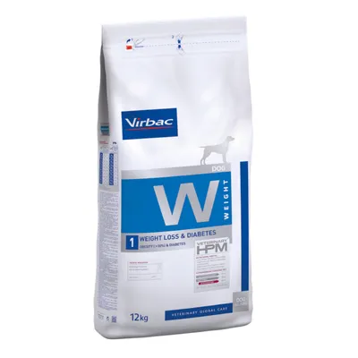 Virbac DOG Weight W Weight Loss & Diabetes Veterinary HPM dry dog food, 12kg bag. Visible text: Obesity (>30%) & Diabetes, Veterinary Global Care. Virbac DOG Weight W Weight Loss & Diabetes Veterinary HPM dry dog food, 12kg bag. Visible text: Obesity (>30%) & Diabetes, Veterinary Global Care.