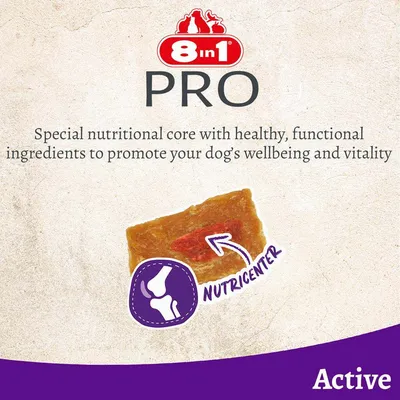 8in1 PRO. Særligt ernæringskerne med sunde, funktionelle ingredienser til fremme af velvære og vitalitet. Illustration af en snack med markeret Nutricenter. Active.