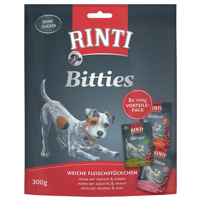 RINTI Bitties, 3x100g Vorteils-Pack, 300g. Weiche Fleischstückchen: Huhn mit Tomate & Kürbis, Huhn mit Karotte & Spinat, Ente mit Ananas & Kiwi. Ohne Zucker.
