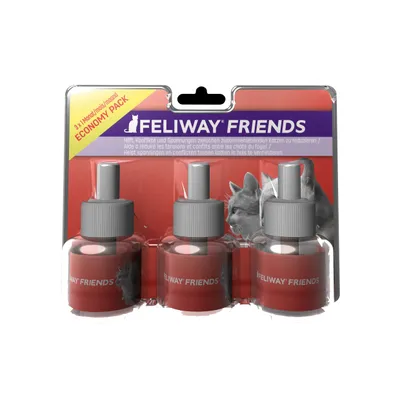 Feliway Friends economy pack with three refill bottles, labelled to help reduce tensions and conflicts between cats living together. Text in multiple languages on packaging. Feliway Friends economy pack with three refill bottles, labelled to help reduce tensions and conflicts between cats living together. Text in multiple languages on packaging.