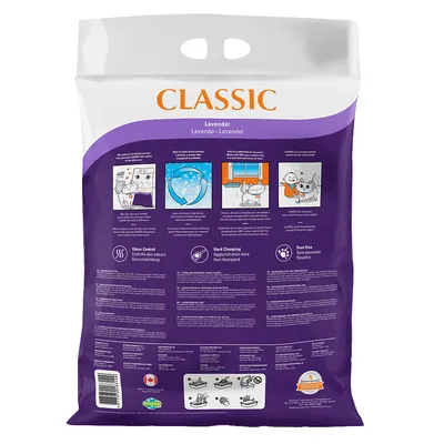 Ambalaj nisip pentru pisici Classic Lavender, instrucțiuni ilustrate de utilizare, text explicativ în mai multe limbi, pictograme: control miros, aglomerare puternică, fără praf.