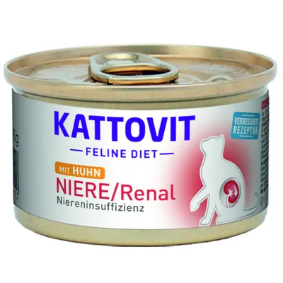 Boîte Kattovit Feline Diet NIERE/Renal mit Huhn, Niereninsuffizienz, verbesserte Rezeptur. Texte en allemand et anglais visibles sur l’étiquette.